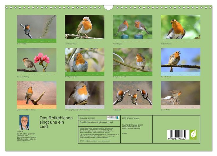 Produktbild: Das Rotkehlchen singt uns ein Lied (Wandkalender 2026 DIN A3 quer), CALVENDO Monatskalender