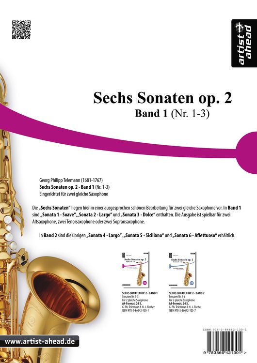 Produktbild: Sechs Sonaten op. 2 &ndash; Band 1 (Nr. 1-3) &ndash; f&uuml;r zwei gleiche Saxophone &ndash; von Georg Philipp Telemann