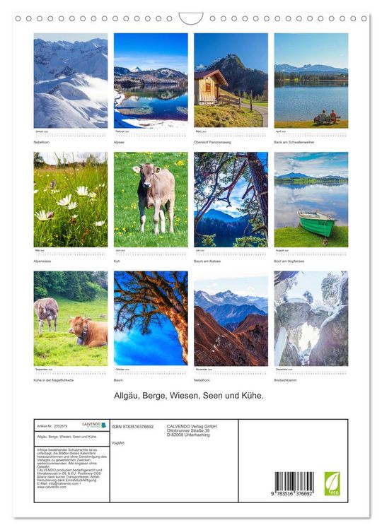 Produktbild: Allg&auml;u, Berge, Wiesen, Seen und K&uuml;he. (Wandkalender 2026 DIN A3 hoch), CALVENDO Monatskalender