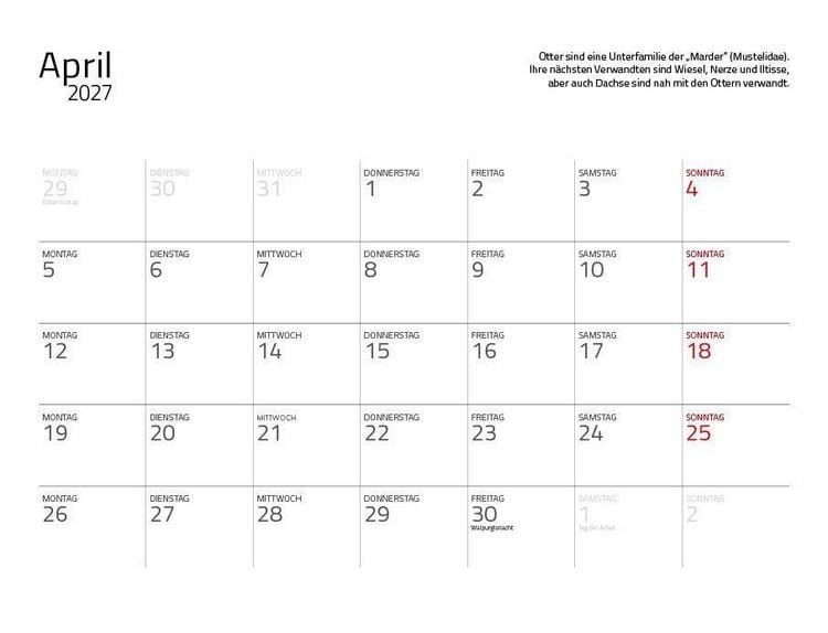 Produktbild: Otter Kalender 2027 Wandkalender Eintragkalender