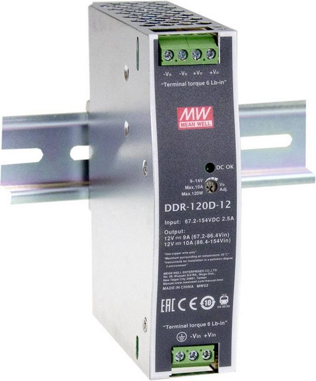 Produktbild: MEAN WELL DDR-120B-12 Hutschienen-DC/DC-Wandler (DIN-Rail) 12 V/DC 10 A 120 W Anzahl Ausg&auml;nge:1 x Inhalt 1 St.