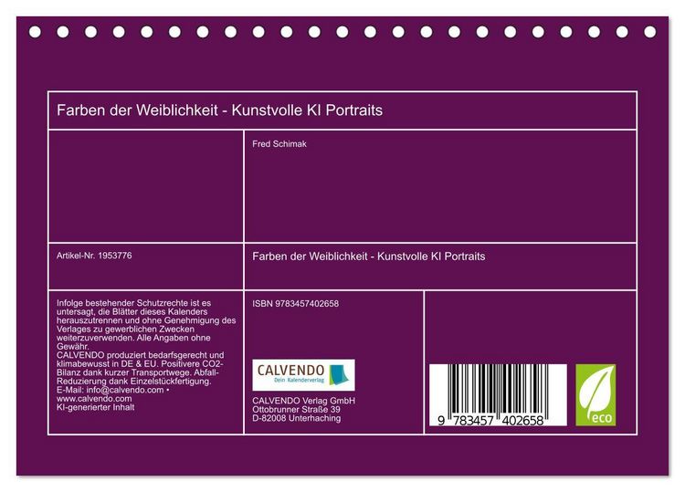 Produktbild: Farben der Weiblichkeit - Kunstvolle KI Portraits (Tischkalender 2026 DIN A5 quer), CALVENDO Monatskalender