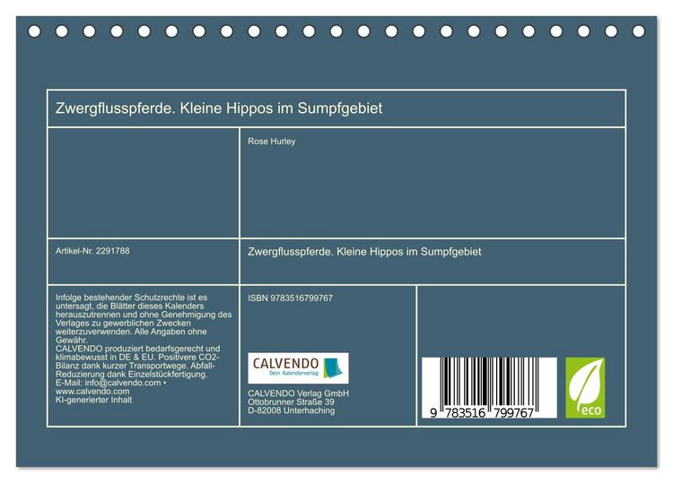 Produktbild: Zwergflusspferde. Kleine Hippos im Sumpfgebiet (Tischkalender 2027 DIN A5 quer), CALVENDO Monatskalender