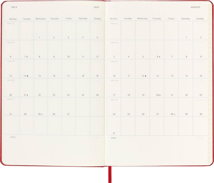 Produktbild: Moleskine 18 Monate Wochen Notizkalender 2025/2026, L/A5, 1 Wo = 1 Seite, Rechts linierte Seite, Fester Einband, Scharlachrot