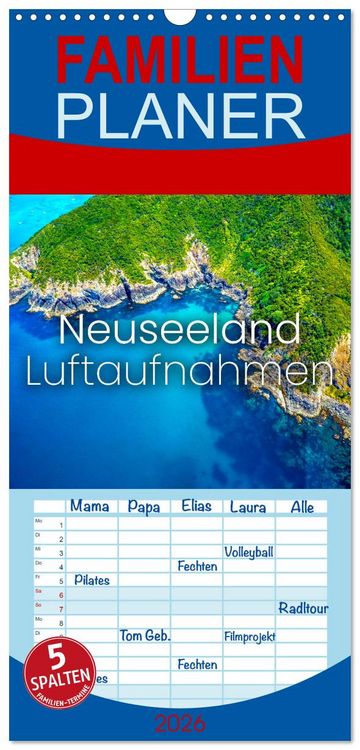 Produktbild: Familienplaner 2026 - Neuseeland Luftaufnahmen mit 5 Spalten (Wandkalender, 21 x 45 cm) CALVENDO