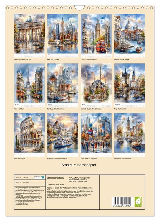Produktbild: St&auml;dte im Farbenspiel (Wandkalender 2026 DIN A3 hoch), CALVENDO Monatskalender
