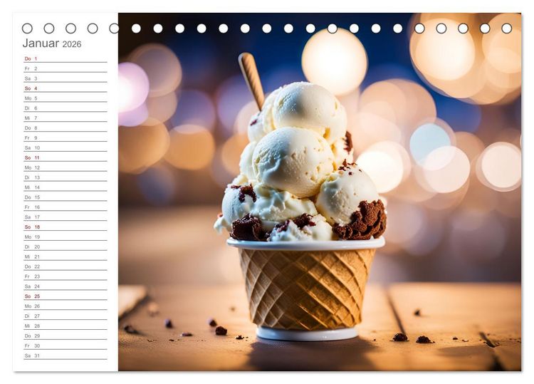 Produktbild: K&ouml;stliche Versuchung - Der zuckers&uuml;&szlig;e Eiscreme Geburtstagskalender mit erfrischenden KI Eisgen&uuml;ssen (Tischkalender 2026 DIN A5 quer), CALVENDO Monatskalender