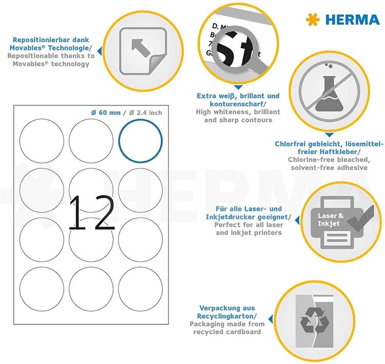 Produktbild: Herma Etiketten A4 60mm rund 25 Blatt 300 St&uuml;ck
