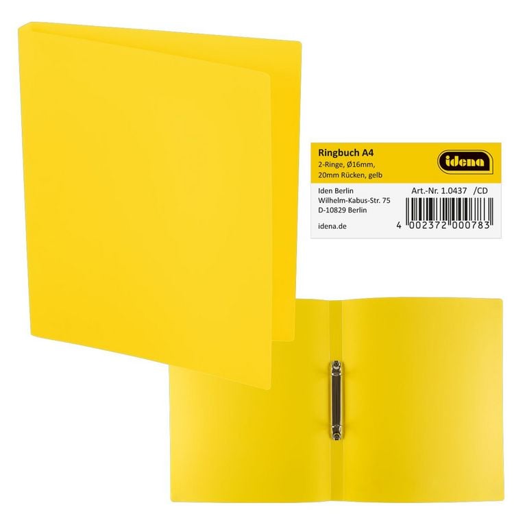 Produktbild: Idena Ringbuch aus Kunststoff 2 Ringe gelb DIN A4 R&uuml;ckenbreite 2cm