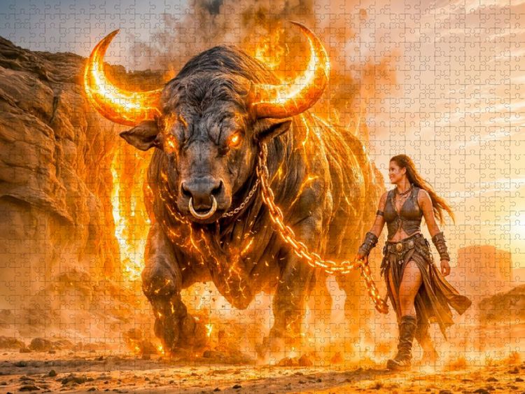 Produktbild: CALVENDO Puzzle Stier - Feuriger Erdkrieger im Sturm der Elemente | 1000 Teile Lege-Gr&ouml;&szlig;e 64x48cm Foto-Puzzle f&uuml;r gl&uuml;ckliche Stunden