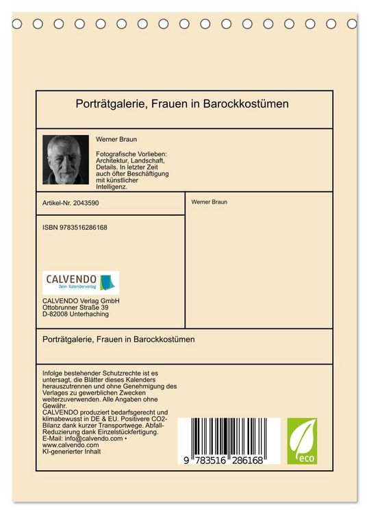 Produktbild: Portr&auml;tgalerie, Frauen in Barockkost&uuml;men (Tischkalender 2026 DIN A5 hoch), CALVENDO Monatskalender