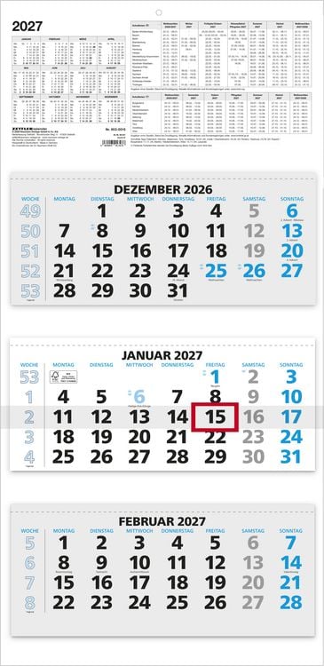 Produktbild: 3-Monatskalender blau 2027