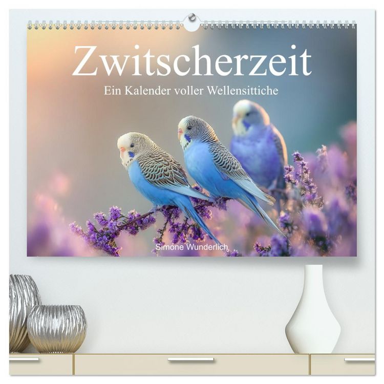 Produktbild: Zwitscherzeit - Ein Kalender voller Wellensittiche (hochwertiger Premium Wandkalender 2026 DIN A2 quer), Kunstdruck in Hochglanz