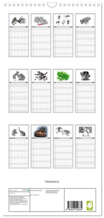 Produktbild: Familienplaner 2026 - TIERONISCH mit 5 Spalten (Wandkalender, 21 x 45 cm) CALVENDO