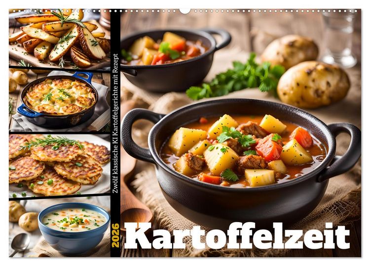 Produktbild: Kartoffelzeit - Zw&ouml;lf klassische KI Kartoffelgerichte mit Rezept (Wandkalender 2026 DIN A2 quer), CALVENDO Monatskalender