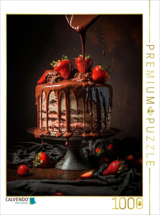 Produktbild: CALVENDO Puzzle Torte mit wei&szlig;er Schokolade und Erdbeeren, mit Vollmilchschokolade &uuml;berzogen | 1000 Teile Lege-Gr&ouml;&szlig;e 64x48cm Foto-Puzzle f&uuml;r gl&uuml;ckliche Stunden