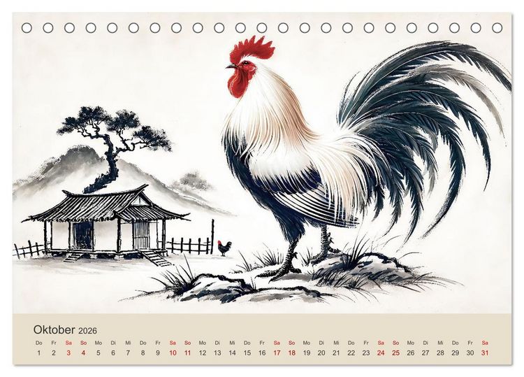 Produktbild: Chinesische Tierkreiszeichen - Kunstvolle KI-Tuschemalerei des Ostens (Tischkalender 2026 DIN A5 quer), CALVENDO Monatskalender