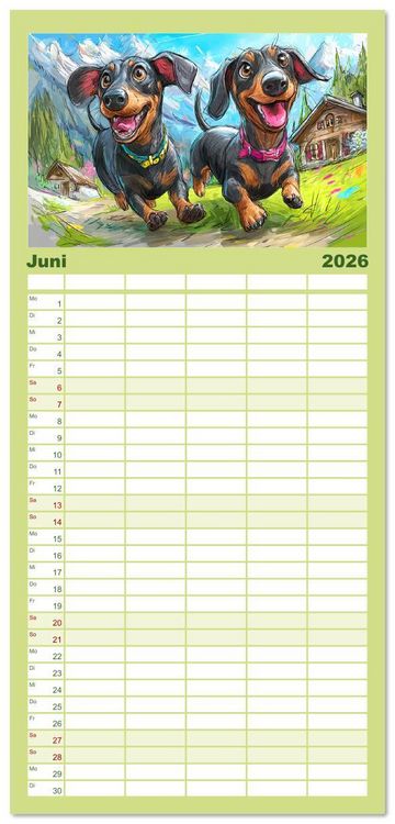 Produktbild: Familienplaner 2026 - Dackel Fun. Zauberhafte Hunde Cartoons f&uuml;rs Herz mit 5 Spalten (Wandkalender, 21 x 45 cm) CALVENDO