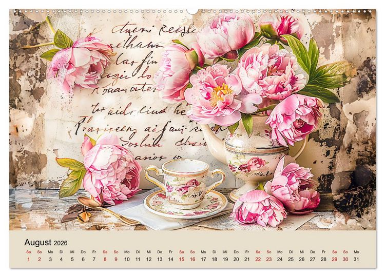 Produktbild: Shabby Chic Romantik - Vintage Tassen, Blumen und nostalgische Briefe (hochwertiger Premium Wandkalender 2026 DIN A2 quer), Kunstdruck in Hochglanz