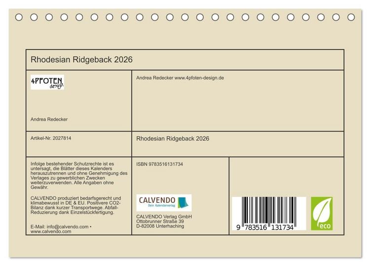 Produktbild: Rhodesian Ridgeback 2026 (Tischkalender 2026 DIN A5 quer), CALVENDO Monatskalender