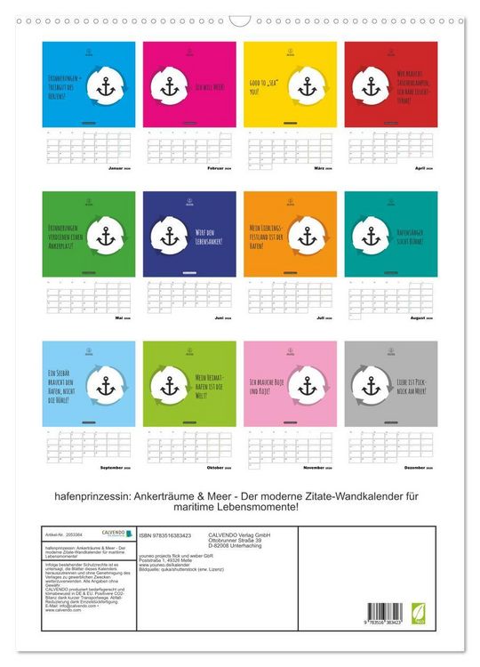 Produktbild: hafenprinzessin: Ankertr&auml;ume & Meer - Der moderne Zitate-Wandkalender f&uuml;r maritime Lebensmomente! (Wandkalender 2026 DIN A2 hoch), CALVENDO Monatskalender