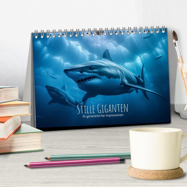 Produktbild: Stille Giganten - KI-generierte Hai-Impressionen (Tischkalender 2026 DIN A5 quer), CALVENDO Monatskalender