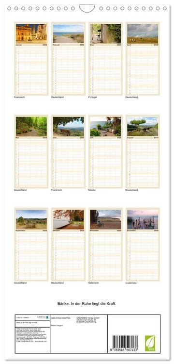 Produktbild: Familienplaner 2026 - B&auml;nke. In der Ruhe liegt die Kraft. mit 5 Spalten (Wandkalender, 21 x 45 cm) CALVENDO