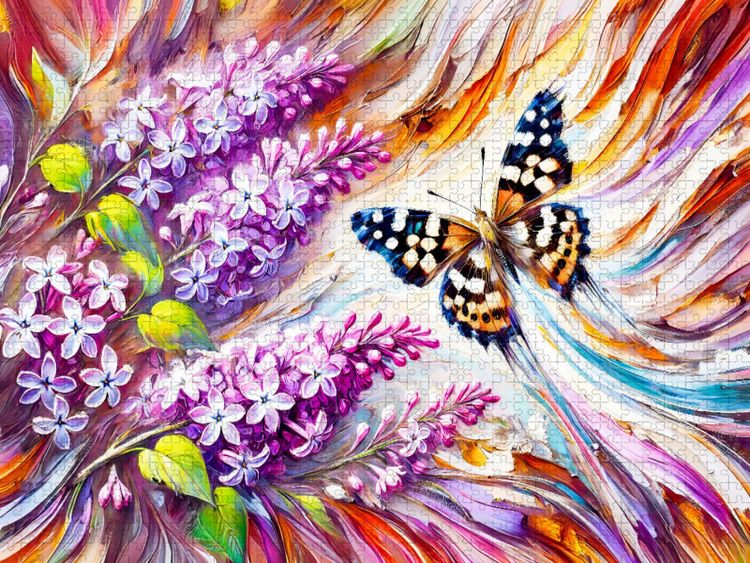 Produktbild: CALVENDO Puzzle Waldbrettspielfalter an Flieder in &Ouml;lmalerei | 1000 Teile Lege-Gr&ouml;&szlig;e 64x48cm Foto-Puzzle f&uuml;r gl&uuml;ckliche Stunden