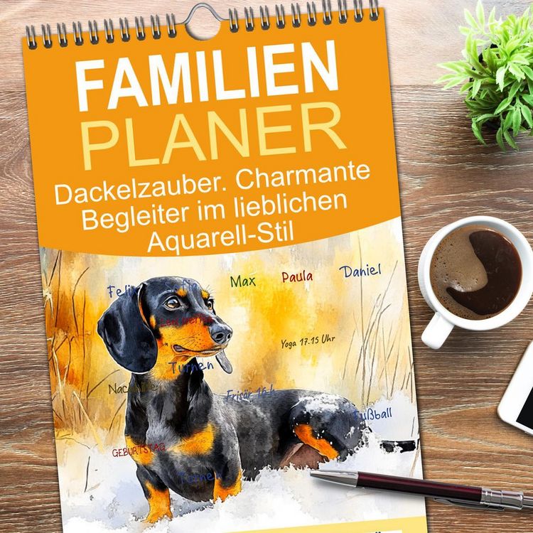 Produktbild: Familienplaner 2026 - Dackelzauber. Charmante Begleiter im lieblichen Aquarell-Stil mit 5 Spalten (Wandkalender, 21 x 45 cm) CALVENDO