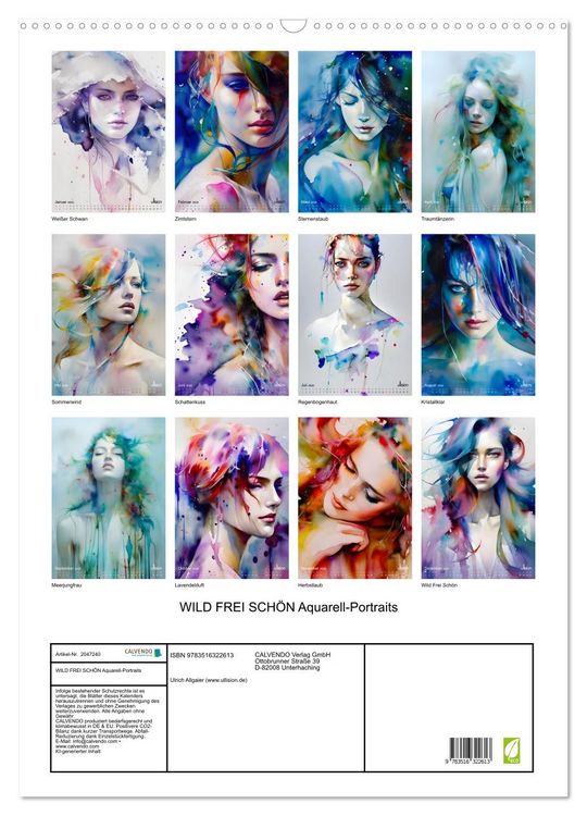 Produktbild: WILD FREI SCH&Ouml;N Aquarell-Portraits (Wandkalender 2026 DIN A2 hoch), CALVENDO Monatskalender