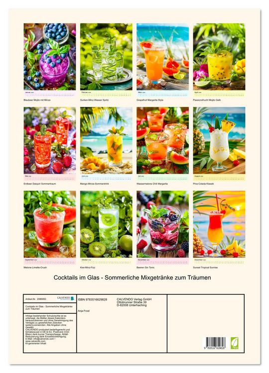 Produktbild: Cocktails im Glas - Sommerliche Mixgetr&auml;nke zum Tr&auml;umen (Wandkalender 2026 DIN A2 hoch), CALVENDO Monatskalender