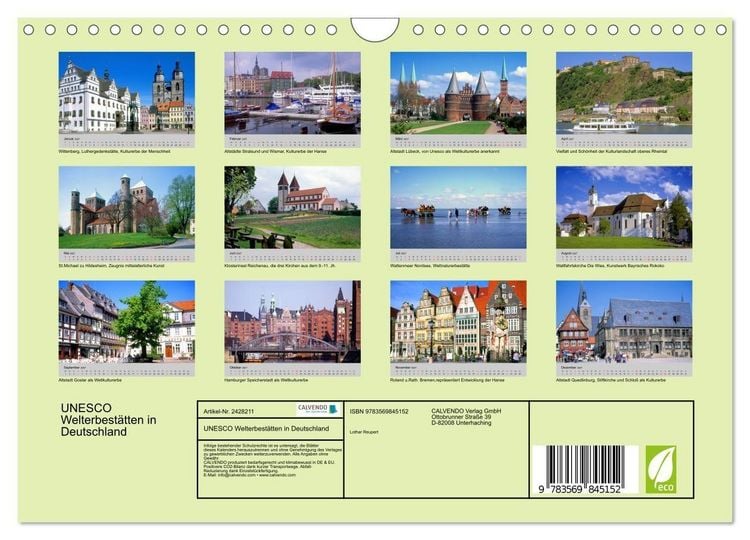 Produktbild: UNESCO Welterbest&auml;tten in Deutschland (Wandkalender 2027 DIN A4 quer), CALVENDO Monatskalender