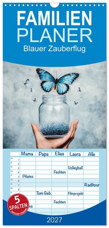 Produktbild: Familienplaner 2027 - Blauer Zauberflug mit 5 Spalten (Wandkalender, 21 x 45 cm) CALVENDO