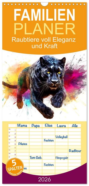 Produktbild: Familienplaner 2026 - Raubtiere voll Eleganz und Kraft mit 5 Spalten (Wandkalender, 21 x 45 cm) CALVENDO