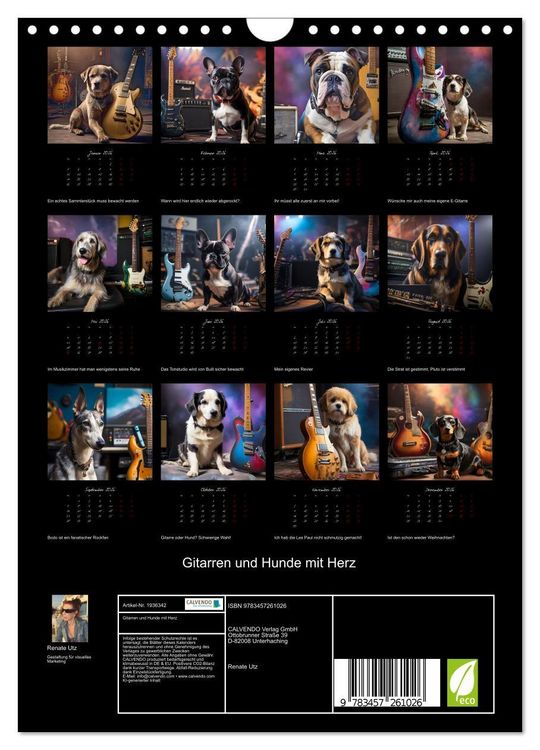 Produktbild: Gitarren und Hunde mit Herz (Wandkalender 2026 DIN A4 hoch), CALVENDO Monatskalender