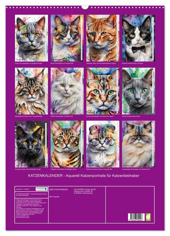 Produktbild: KATZENKALENDER - Aquarell Katzenportraits f&uuml;r Katzenliebhaber (Wandkalender 2026 DIN A2 hoch), CALVENDO Monatskalender