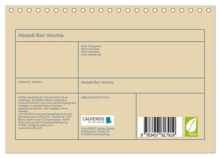 Produktbild: Altstadt Bari Vecchia (Tischkalender 2026 DIN A5 quer), CALVENDO Monatskalender
