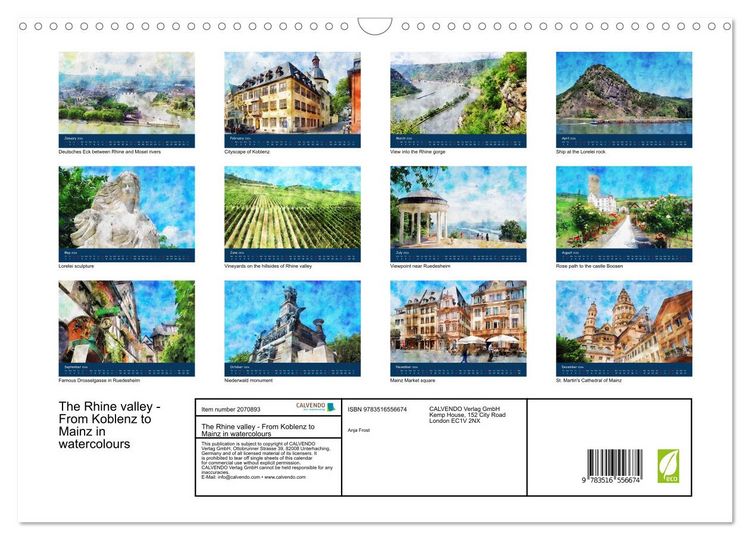 Produktbild: The Rhine valley - From Koblenz to Mainz in watercolours (Wall Calendar 2026 DIN A3 landscape), CALVENDO 12 Month Wall Calendar