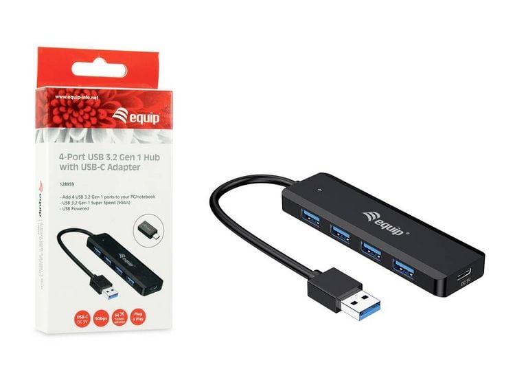 Produktbild: Equip 128959 USB-Hub 5 Port USB-A USB 3.0 5 GBit/s mit USB-C&reg; Stecker Schwarz Hub + USB-C-adapter