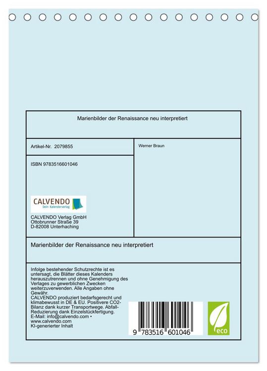 Produktbild: Marienbilder der Renaissance neu interpretiert (Tischkalender 2026 DIN A5 hoch), CALVENDO Monatskalender