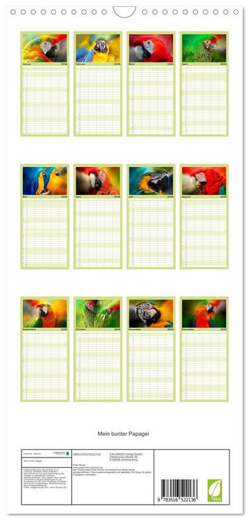 Produktbild: Familienplaner 2026 - Mein bunter Papagei mit 5 Spalten (Wandkalender, 21 x 45 cm) CALVENDO