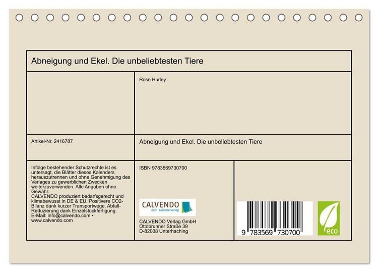 Produktbild: Abneigung und Ekel. Die unbeliebtesten Tiere (Tischkalender 2027 DIN A5 quer), CALVENDO Monatskalender