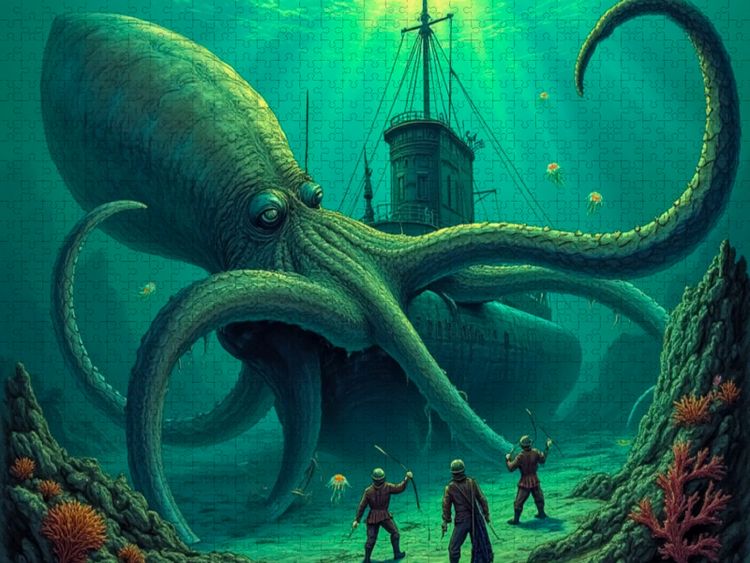Produktbild: CALVENDO Puzzle 20.000 Meilen unter dem Meer - Die Begegnung mit dem Riesenkraken | 1000 Teile Lege-Gr&ouml;&szlig;e 64x48cm Foto-Puzzle f&uuml;r gl&uuml;ckliche Stunden