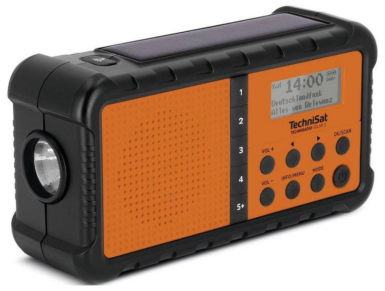 Produktbild: TechniSat TECHNIRADIO SOLAR 2 Tischradio DAB+, UKW USB Solarpanel, Handkurbel, Taschenlampe, wiederaufladbar, spritzwassergesch&uuml;tzt Orange-Schwarz
