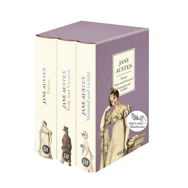 Produktbild: 3 Bücher von Jane Austen im Schuber – Emma, Stolz und Vorurteil, Verstand und Gefühl – Reclam