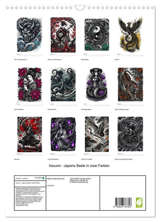 Produktbild: Irezumi - Japans Seele in zwei Farben (Wandkalender 2027 DIN A3 hoch), CALVENDO Monatskalender