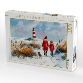 Produktbild: CALVENDO Puzzle Winterspaziergang mit Hund am Meer Aquarellbild | 1000 Teile Lege-Gr&ouml;&szlig;e 64x48cm Foto-Puzzle f&uuml;r gl&uuml;ckliche Stunden