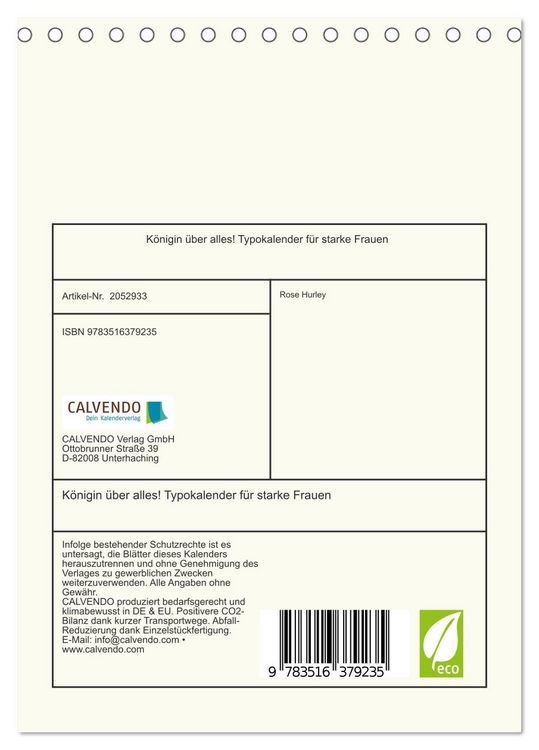 Produktbild: K&ouml;nigin &uuml;ber alles! Typokalender f&uuml;r starke Frauen (Tischkalender 2026 DIN A5 hoch), CALVENDO Monatskalender