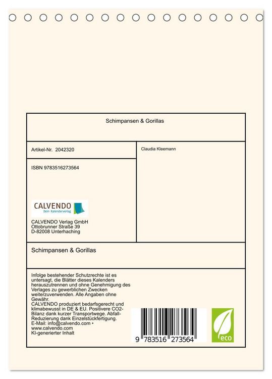 Produktbild: Schimpansen & Gorillas (Tischkalender 2026 DIN A5 hoch), CALVENDO Monatskalender