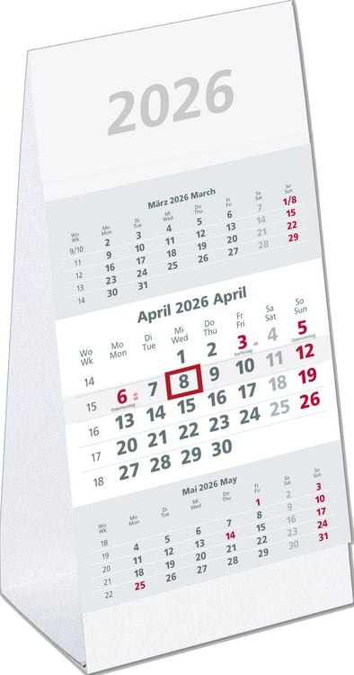 Produktbild: 3-Monats-Aufstellkalender 2026 - 10,5x14,5 cm - 3 Monate auf 1 Seite - mit Kopftafel und Datumsschieber - Mehrmonatskalender - 980-0000